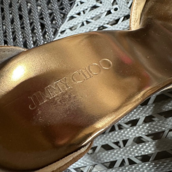 Jimmy Choo Brown Suede Cork Wedge Sandals Ankle Strap Gold Platform Size 39 - Picture 2 of 5